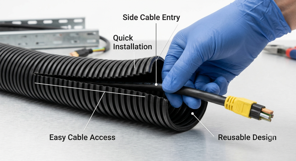 Polyamide slit conduit cable insertion