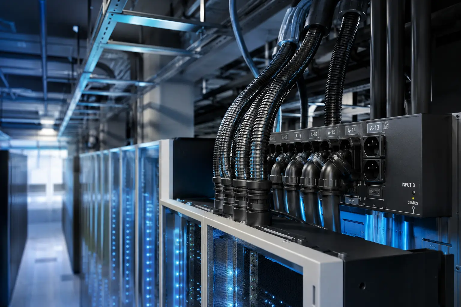 Flexible conduits protecting cables connected to data center electrical equipment