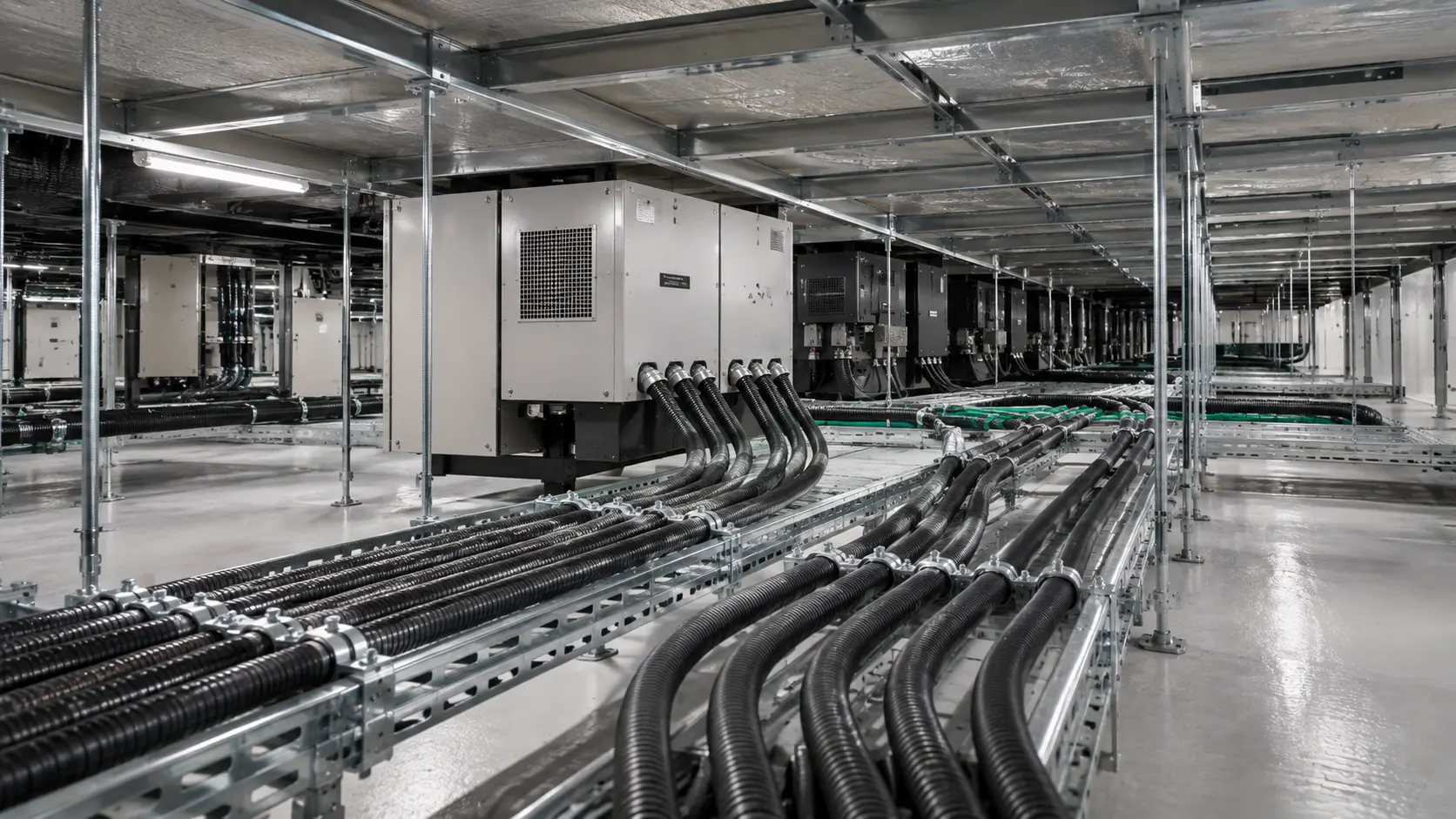 Flexible conduits installed along cable trays in data center infrastructure