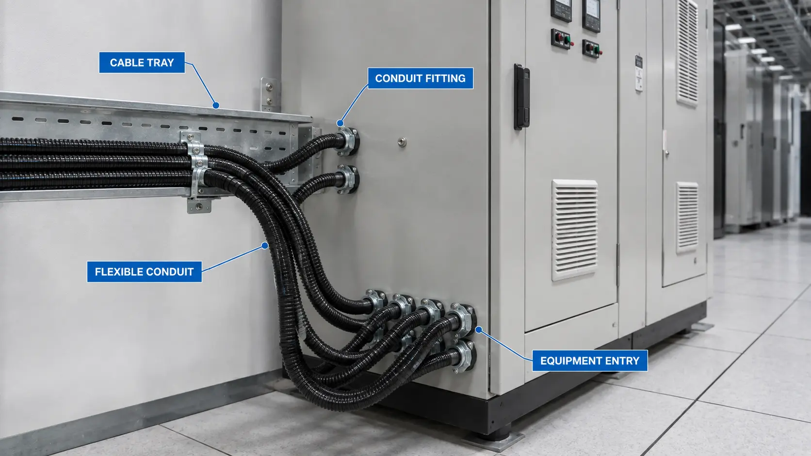 Flexible conduit connections between electrical equipment and cable pathways
