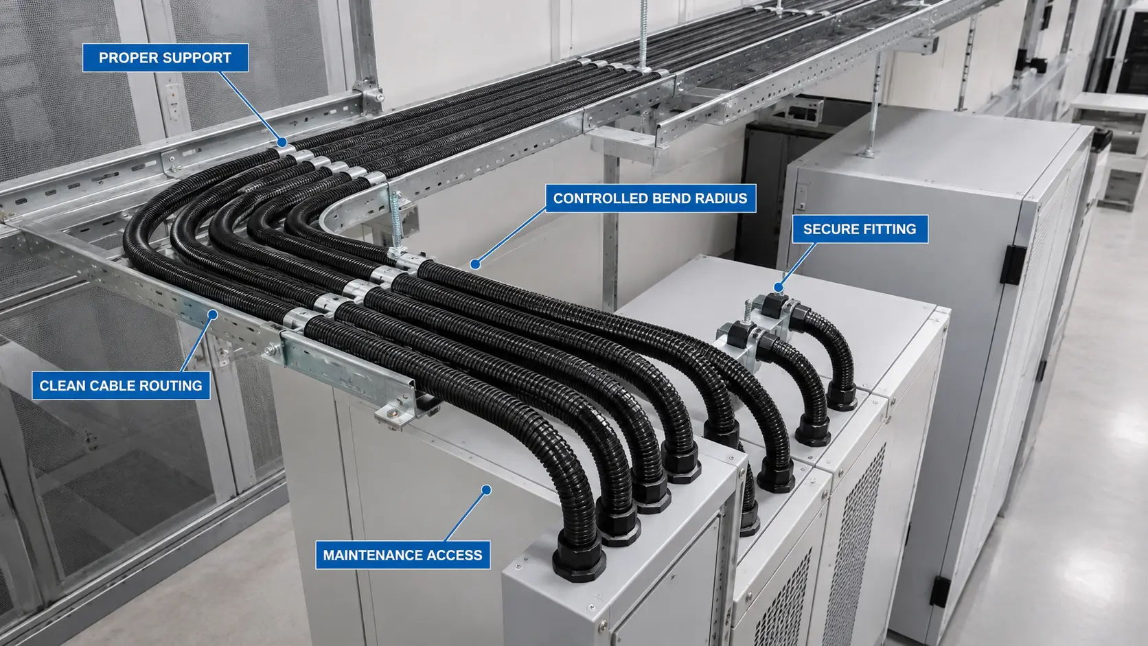 Proper installation of flexible conduits along a data center cable tray