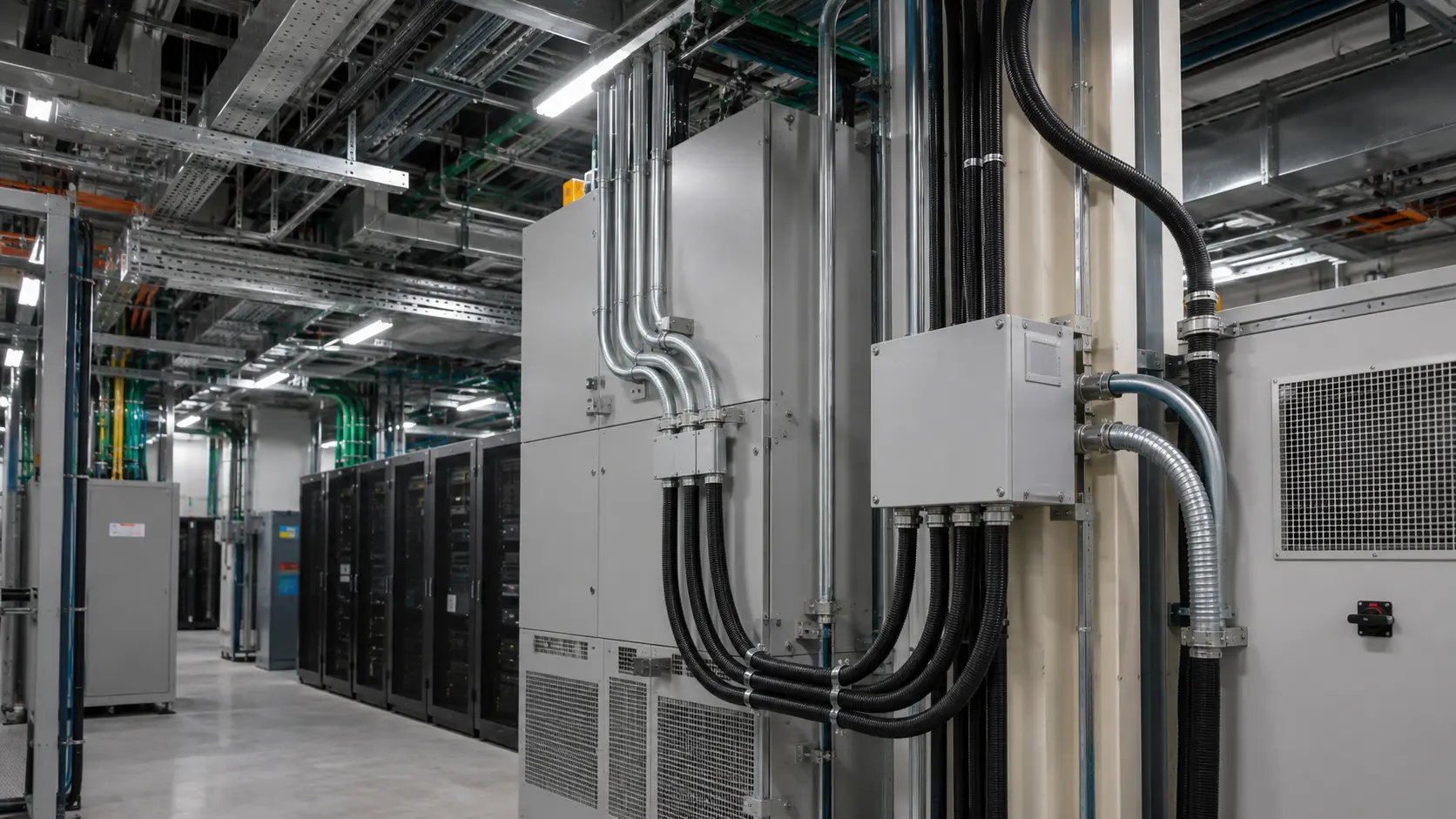 Flexible conduits connecting electrical equipment in a data center