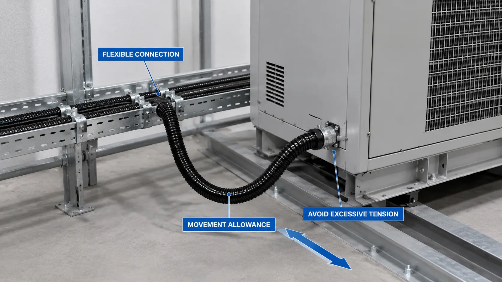Flexible conduit routed to accommodate equipment movement
