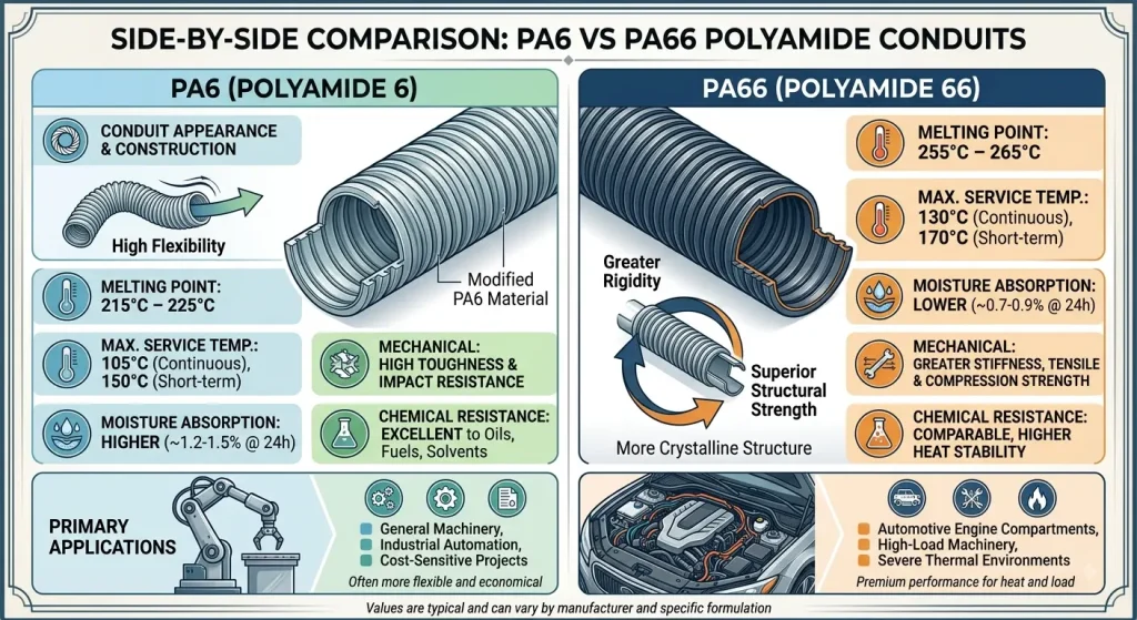 Side-by-side comparison of PA6 and PA66 polyamide conduits