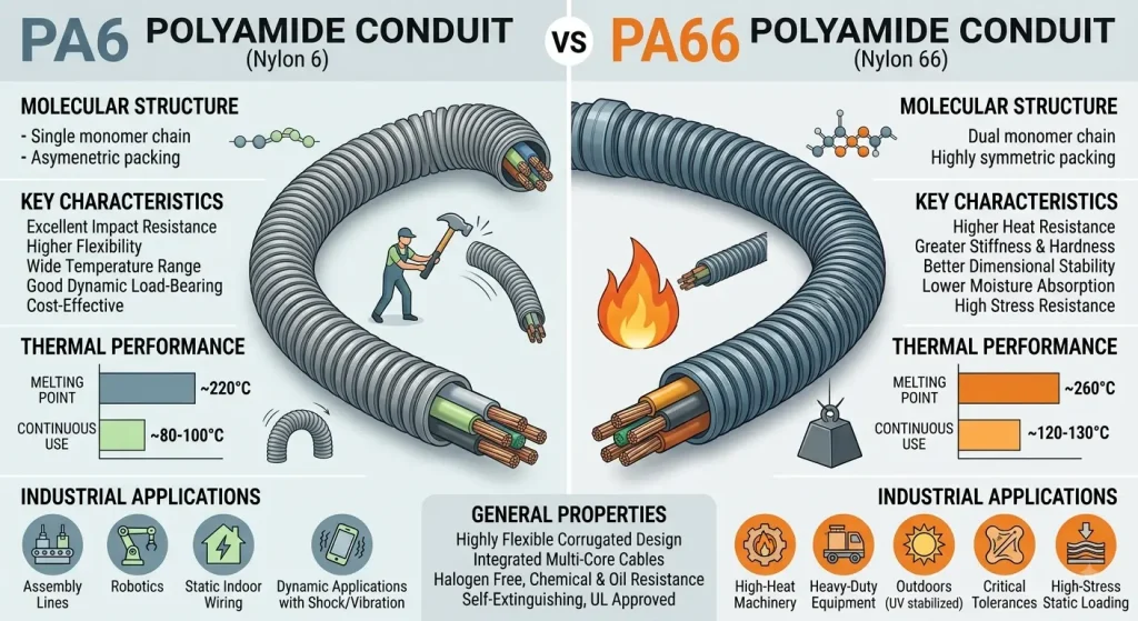 PA6 vs PA66 polyamide conduits for industrial wiring and cable protection