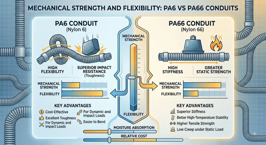 Mechanical strength and flexibility comparison between PA6 and PA66 conduits