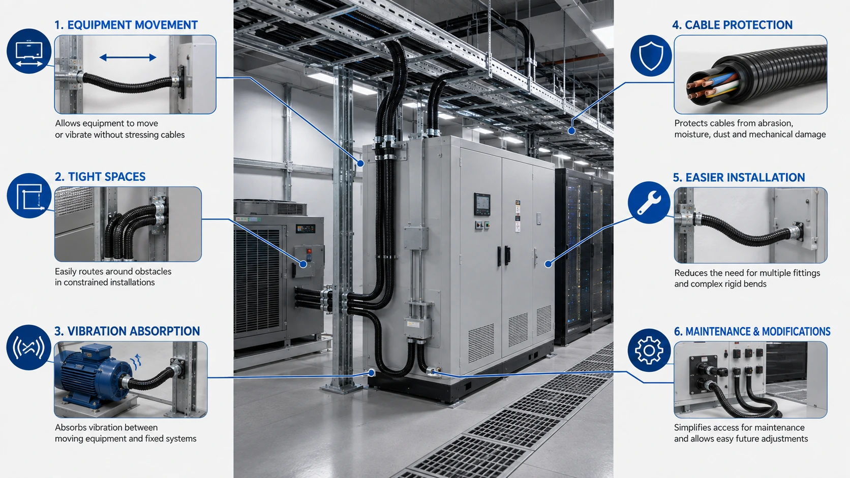 Why flexible conduit is important for cable protection and equipment connections in data centers